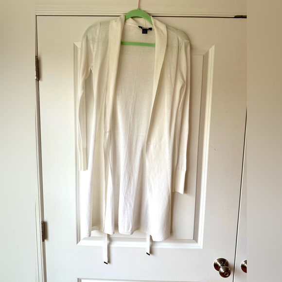 White House Black Market Elegant White Belted Women's Long Sweater, Size XS - Picture 2 of 11